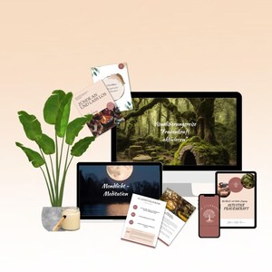 May include: A collection of digital devices and printed materials, including a laptop, desktop monitor, tablet, and smartphone, showcasing a nature-themed design. A potted plant is also included in the image. The devices display images of a forest and text.