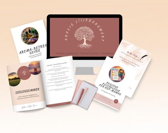 May include: A computer monitor displays a logo with text and a tree graphic. Several printed guides and booklets are arranged around the monitor. The booklets have titles and images, and the color scheme is primarily earth tones.