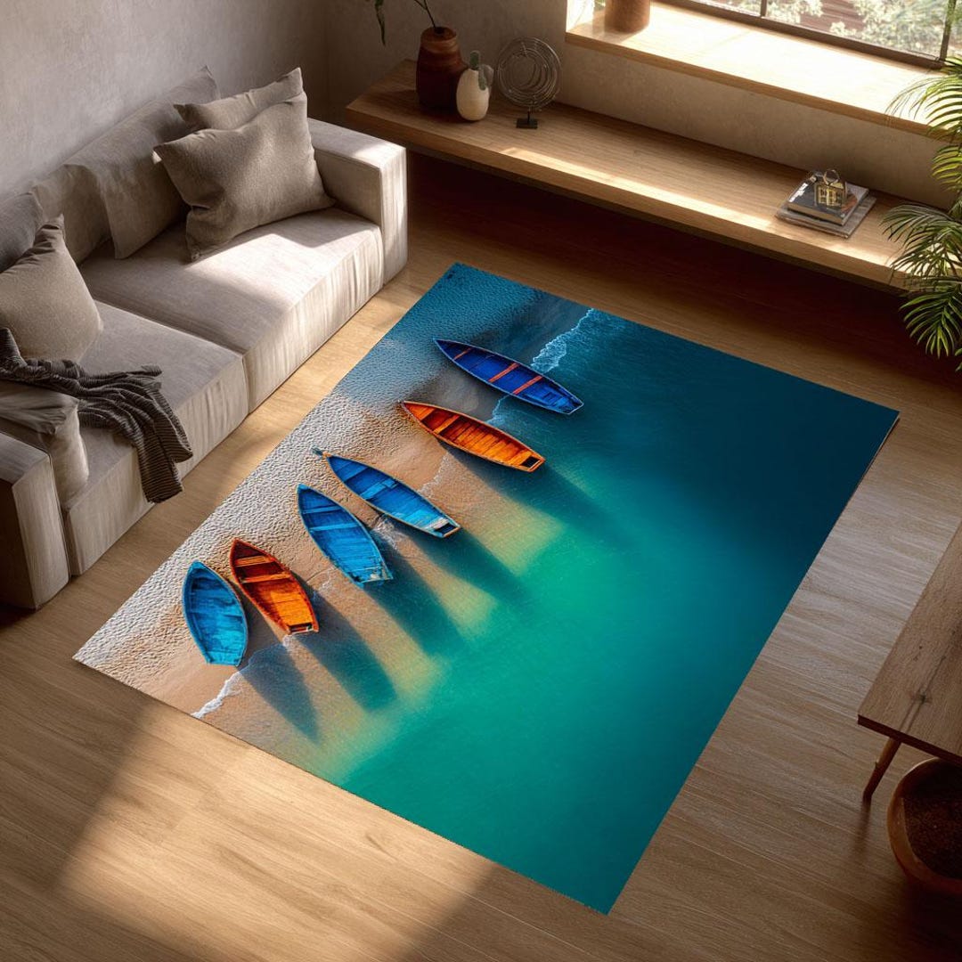 Coastal Boat Rug, Ocean Beach Aerial Carpet, Tropical Sea Shore Area ...