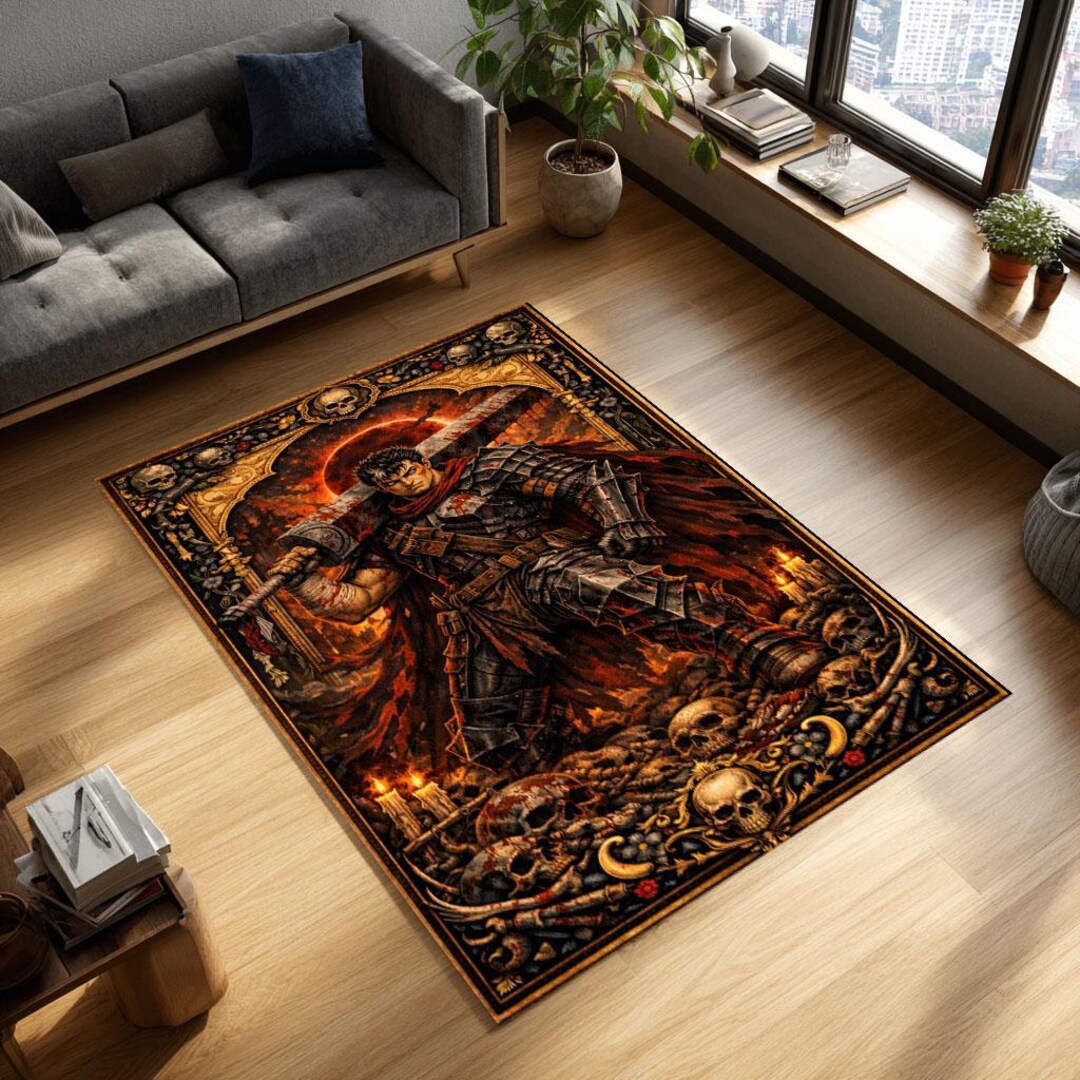 Dark Berserker Warrior Rug, Gothic Sword Fighter Carpet, Brutal Fantasy ...
