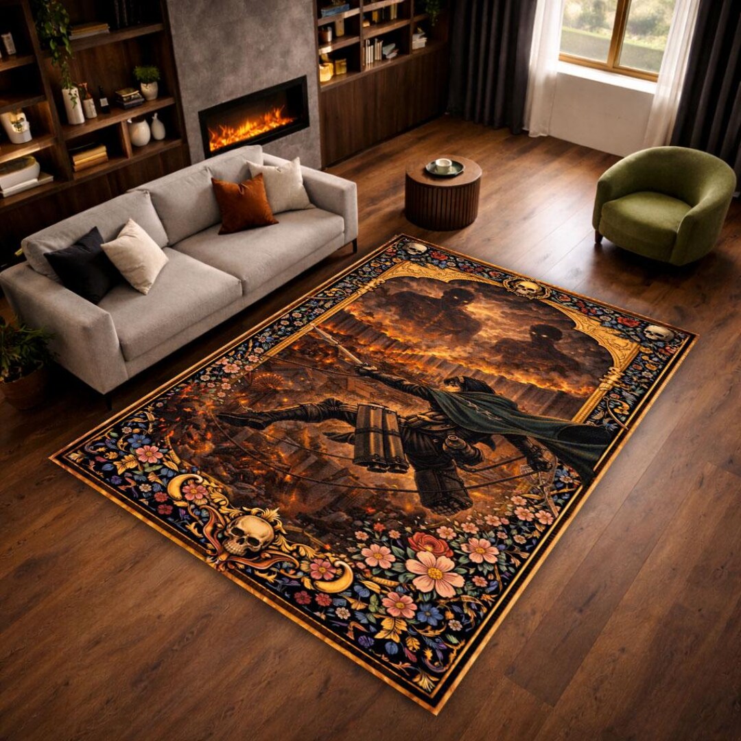 Titan Battle Anime Style Rug, Giant War Scene Carpet, Dark Fantasy ...