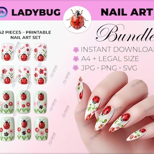 May include: A printable nail art set featuring ladybug designs. The set includes 42 pieces with various ladybug and floral patterns on white and light green backgrounds. The image also shows a hand with nails decorated with ladybug art. The text reads "LADYBUG NAIL ART Bundle".