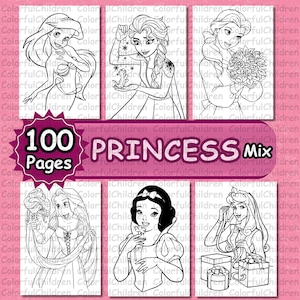 100 Pages / Princess Mix /Coloring Book/ Coloring Pages for Kids/ PDF File/ Digital Download/ A4 Size/Kids Coloring Activity/ Coloring Pages