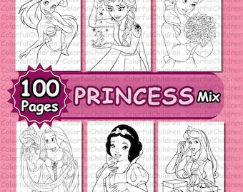 100 Seiten / Princess Mix /Malbuch/ Ausmalseiten für Kinder/ PDF Datei/ digitaler Download/ A4 Größe/Kinder färben Aktivität/ Malseiten