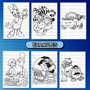 May include: Black and white coloring pages featuring various cartoon characters, including a duck, a tiger, a donkey, a car, a chef, a couple, a dinosaur, and a potato head. The text "EXAMPLES" is printed in the center of the image.