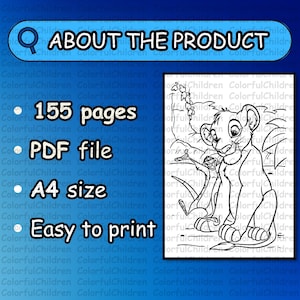 May include: Black and white line art illustration of a lion cub and a meerkat from the movie The Lion King. The image is part of a coloring book with 155 pages. The coloring book is available as a PDF file and is A4 size.