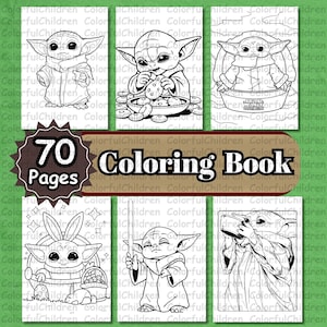 Può includere: Un libro da colorare in bianco e nero con illustrazioni di un personaggio. La copertina mostra il testo "70 Pages" e "Coloring Book". Le immagini raffigurano il personaggio in varie pose, come mangiare e tenere una spada laser.