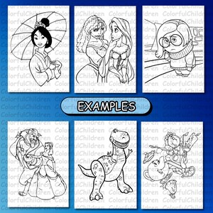May include: Black and white line art coloring pages featuring characters from popular Disney movies, including Mulan, Rapunzel, Sadness, Belle, and Rex. The title "EXAMPLES" is printed in the center of the image.