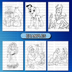 May include: Black and white coloring pages featuring various Disney characters, including a Dalmatian puppy, a group of mice, a woman with horns, a woman with long hair, a man with a beard, and a man and woman with a jungle background. The text "EXAMPLES" is printed in the center of the image.