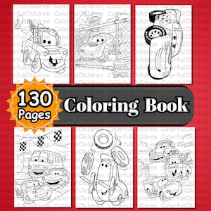 Puede incluir: Un libro para colorear en blanco y negro con 130 páginas de personajes de Cars. La portada muestra una variedad de escenas, incluyendo Mater, Rayo McQueen y otros personajes de la película.