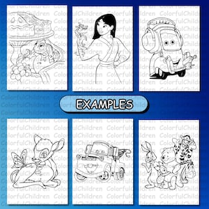 May include: Six black and white coloring pages featuring popular cartoon characters. The characters include a Disney princess, a tow truck, a deer, a butterfly, a frog, a pie, grapes, a bear, a rabbit, and a tiger.