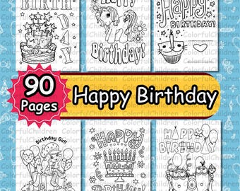 90 páginas/ Feliz cumpleaños / Páginas para colorear para niños / Archivo PDF / Descarga digital / Tamaño A4 / Actividad para colorear para niños / Páginas para colorear / Actividad de cumpleaños