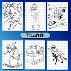 May include: Black and white coloring pages featuring various characters from popular animated movies, including a lion, a princess, a car, and superheroes. The pages are labeled "EXAMPLES".
