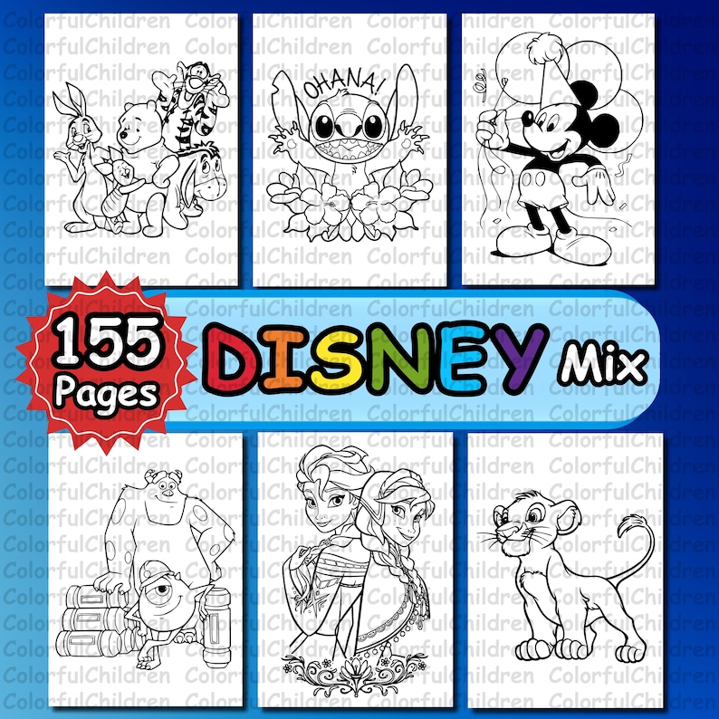 May include: A set of 155 black and white coloring pages featuring Disney characters. The characters include Mickey Mouse, Stitch, Winnie the Pooh, Elsa and Anna from Frozen, Sulley and Mike from Monsters Inc., and Simba from The Lion King.