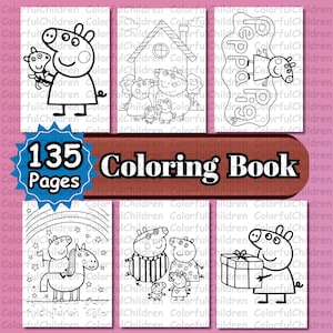 May include: A colouring book featuring 135 pages of black and white illustrations of Peppa Pig and her family. The cover shows Peppa Pig riding a horse, Peppa Pig and her family in their house, and Peppa Pig holding a gift.