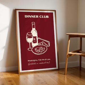 Minimalist Wine Dinner Club print, Retro Wine Dinner Club print, Vintage food and Wine poster, Chic Wine and Cheese poster
