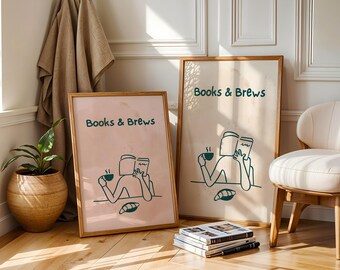 Arte murale minimalista con caffè e libri, decorazione murale estetica, stampa murale con libri e birre, stampa estetica per amanti dei libri per casa e ufficio