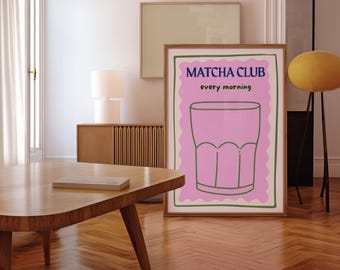 Matcha Club wall print, Aesthetic Matcha Club Poster, Pink Matcha Poster Print, Modern Matcha wall art,  Minimal Matcha Art Print