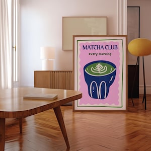 Matcha Club Wall Print , Aesthetic Pink Matcha Poster, Modern Minimal Matcha Art for Kitchen or Café Decor