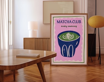 Matcha Club-väggtryck, estetisk rosa Matcha-affisch, modern minimalistisk Matcha-konst för köks- eller cafédekor