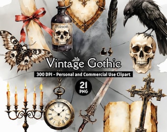 Vintage Spooky Gothic Watercolor Clipart PNG - Skulls, Crows, Candles