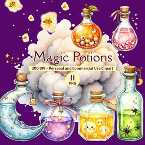 May include: A digital illustration featuring several glass potion bottles with cork stoppers. The bottles contain colorful liquids and decorative elements like stars, hearts, and spiders. The text "Magic Potions" is displayed with additional details about the clipart.