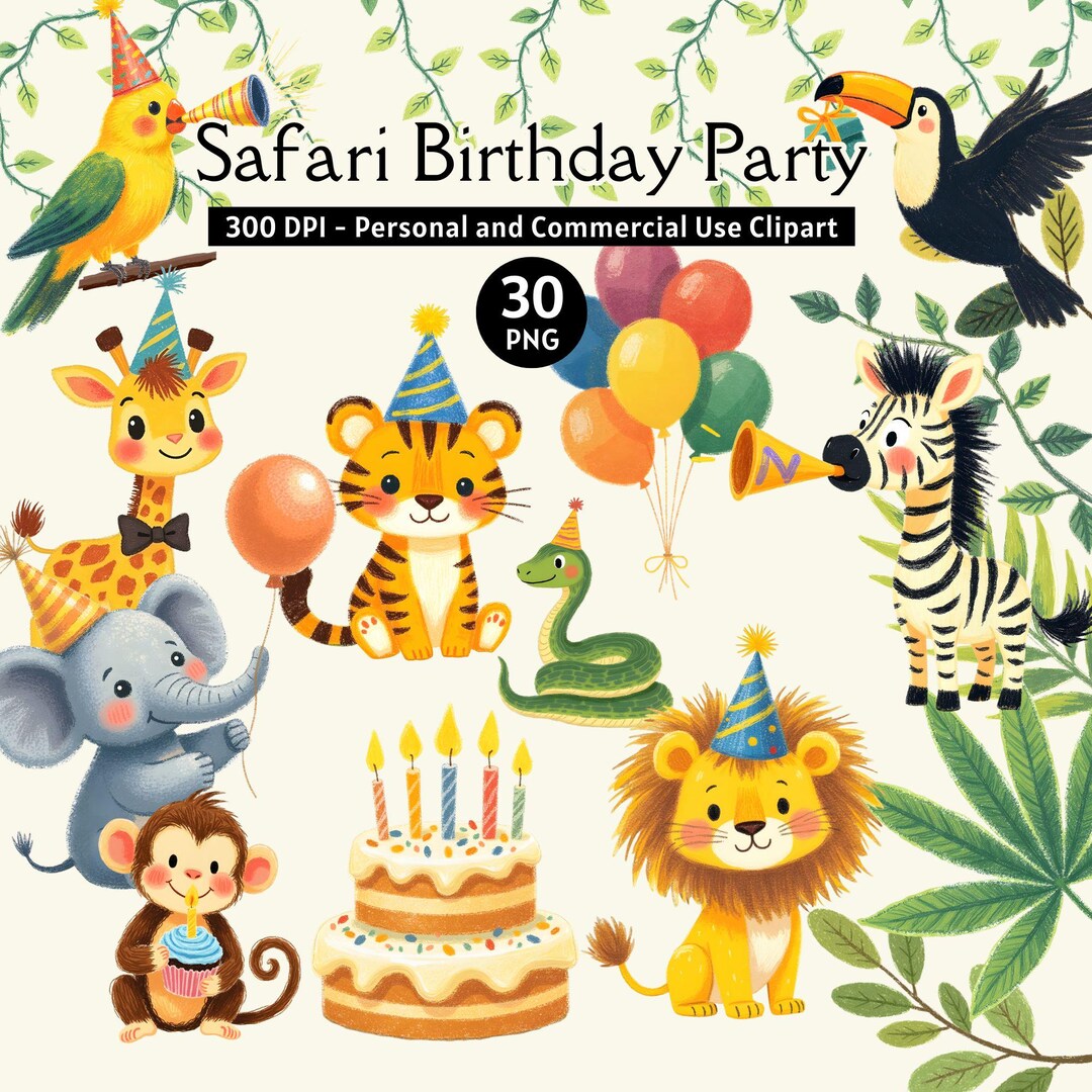 Safari Animals Birthday Clipart: Jungle Party Celebrations PNG Graphics ...