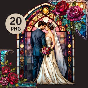 May include: Digital illustration of a wedding scene. A couple stands before a stained-glass window, the bride in a white gown and veil, holding a bouquet. The groom wears a navy suit. The image includes red roses and the text "20 PNG".