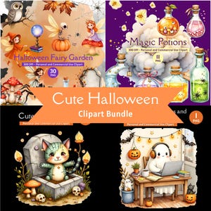 May include: A digital clipart bundle featuring Halloween-themed illustrations. Includes images of fairies, magic potions, a cat in a tomb, and a ghost working on a laptop. The text reads "Halloween Fairy Garden", "Magic Potions", and "Cute Halloween Clipart Bundle".
