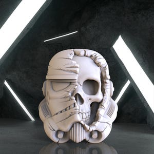 Puede incluir: Un cráneo blanco impreso en 3D con un diseño agrietado y roto, que se asemeja a un casco de Stormtrooper de Star Wars.