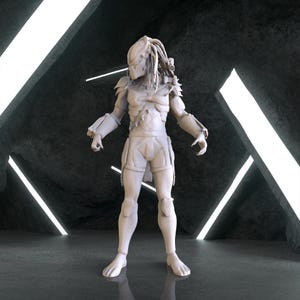 May include: A white plastic action figure of a Predator, a fictional alien hunter, standing in a dark, futuristic setting with white lights.