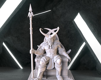 May include: A white, detailed sculpture of a horned figure sitting on a throne, holding a spear. The figure is wearing armor and a long beard. The sculpture is set against a dark, textured background.