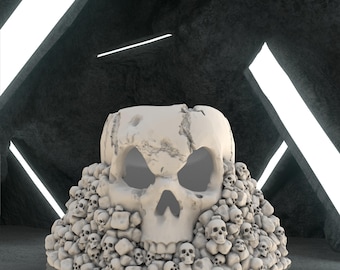 May include: A large, off-white skull sculpture with hollow eye sockets and a cracked top, resting on a mound of smaller skulls. The sculpture is set against a dark, textured background with bright, linear lighting.