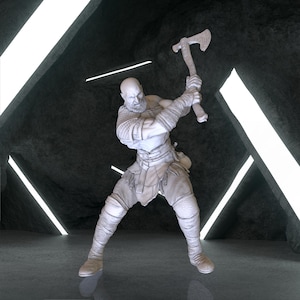 May include: A white figurine of a muscular warrior wielding an axe, poised in a dynamic action pose. The figure is clad in detailed armor and clothing, with a determined expression. The background is a dark, textured environment with bright, linear lighting.