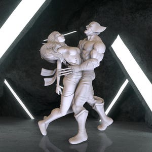 Peut inclure: Une sculpture blanche et détaillée de deux personnages, un homme et une femme, dans une pose dramatique. L'homme a des griffes acérées et semble tenir la femme. La sculpture est placée sur un fond sombre et texturé avec des accents de lumière blanche.