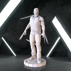 May include: A white painted figurine of a superhero with a serious expression, wearing a tank top and jeans, with claws extended from his hands. The figurine is standing on a circular base.