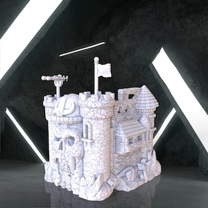 May include: A detailed white castle model with multiple turrets, a skull-shaped entrance, and a flag. The model includes a telescope and a small building with a pointed roof. The castle is set against a dark, textured background.