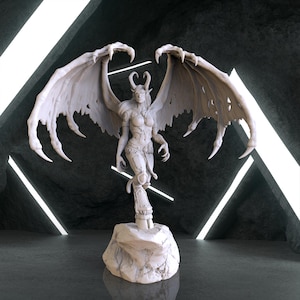 May include: A white painted figurine of a female demon with large wings and horns, standing on a rock base. The demon is posed with one hand raised and the other resting on her hip.