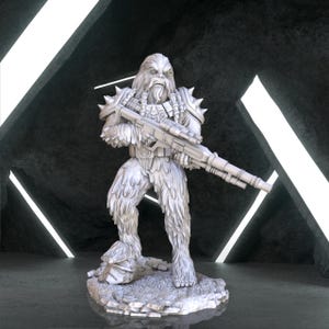May include: A detailed, white figurine of a Wookiee-like character, armed with a rifle and wearing armor with spiked shoulder pads. The figure stands on a rocky base, set against a dark, futuristic background with illuminated lines.