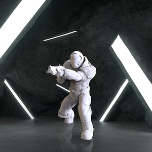 May include: A white armored figure, holding a gun, is in a futuristic setting. The figure is in a combat stance, with a helmet and protective gear. The background features dark, textured walls and bright, linear lights.