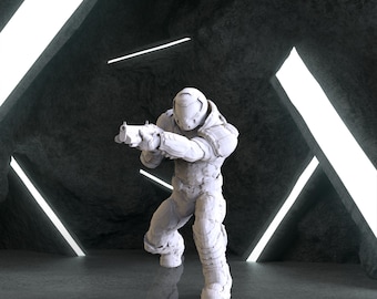 May include: A white armored figure, holding a gun, is in a futuristic setting. The figure is in a combat stance, with a helmet and protective gear. The background features dark, textured walls and bright, linear lights.
