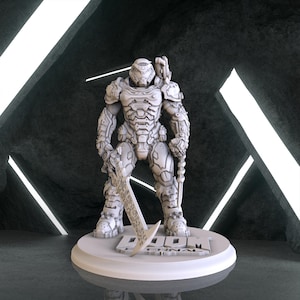 May include: A white 3D printed figurine of a Doom Slayer character from the video game Doom Eternal. The figurine is holding a sword and has a detailed design. The figurine is standing on a base with the word "Doom" printed on it.