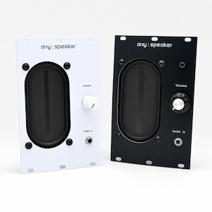 May include: Two rectangular modular speakers, one white and one black, each labeled any: speaker. Both feature a central oval speaker cone, a circular volume knob, and an audio in jack. The panels have mounting holes at the top and bottom edges.