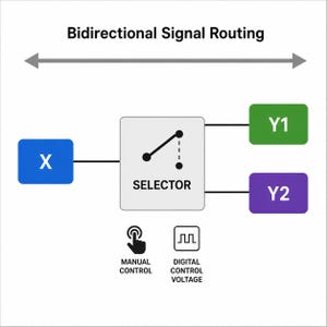 Pu&ograve; includere: Diagramma che illustra l'instradamento bidirezionale del segnale. Il diagramma include un riquadro blu etichettato "X", un riquadro grigio etichettato "SELECTOR" e riquadri verdi e viola etichettati "Y1" e "Y2". Sotto sono presenti icone per il controllo manuale e digitale.