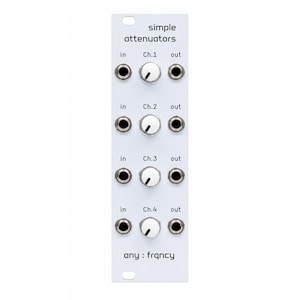 Pode incluir: Um painel de sintetizador modular branco com a etiqueta simple attenuators e any : frqncy. Possui quatro canais, cada um com um jack de entrada, um jack de sa&iacute;da e um bot&atilde;o rotativo branco com uma linha preta para controle.