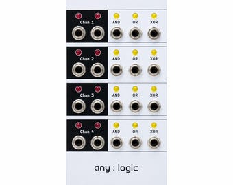Pode incluir: Um painel de sintetizador modular branco e preto com a etiqueta any : logic. Possui quatro canais, cada um com dois jacks de entrada, LEDs de status vermelhos e três jacks de saída rotulados como AND, OR e XOR com LEDs amarelos acima.
