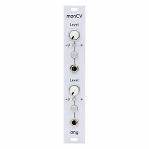 May include: A white modular synthesizer panel labeled manCV and any, featuring two sections with white rotary knobs, small circular buttons, and black input jacks. The panel includes vertical lines connecting the controls with level markings.