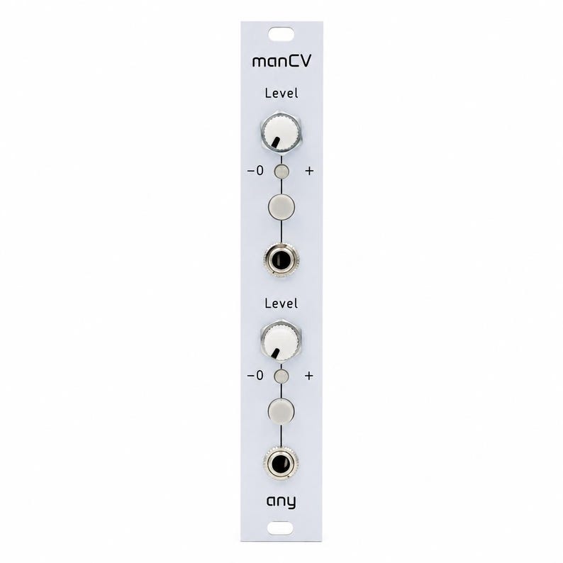 May include: A white modular synthesizer panel labeled manCV and any, featuring two sections with white rotary knobs, small circular buttons, and black input jacks. The panel includes vertical lines connecting the controls with level markings.