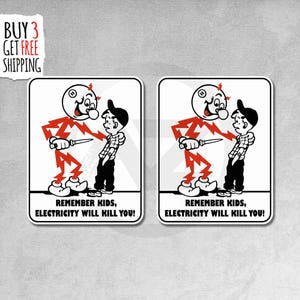 2 pegatinas rectangulares "La electricidad te matará", imanes para coche, bicicleta, portátil y botella de agua, vinilo de alta calidad.