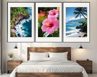 May include: Three framed prints depicting tropical scenes. The first print shows a rocky coastline with turquoise water crashing against the shore. The second print features a close-up of a pink hibiscus flower. The third print shows a beach with a palm tree and turquoise water.
